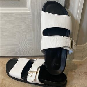 Varley White Double-Band Slide Sandals with Gold Buckles